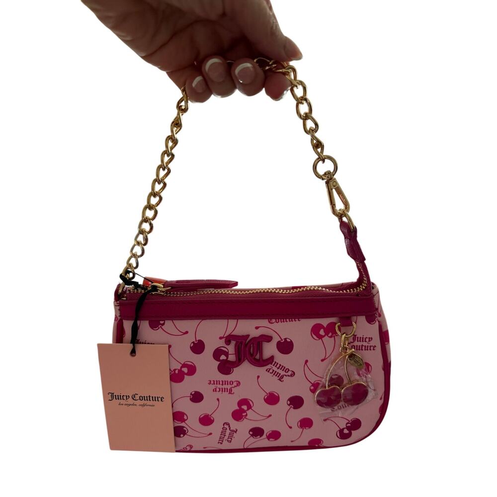 NWT Juicy Couture Pink Raspberry Tart Cherry on Top Wristlet Purse Gold Chain
